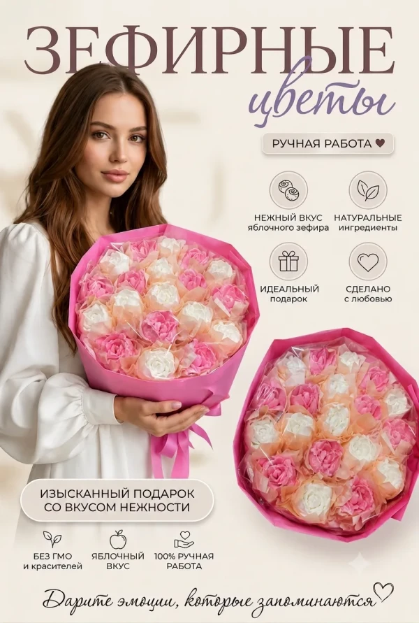 №1 Букет Зефирный Размер XL бело-розовый,350г в Черкесске